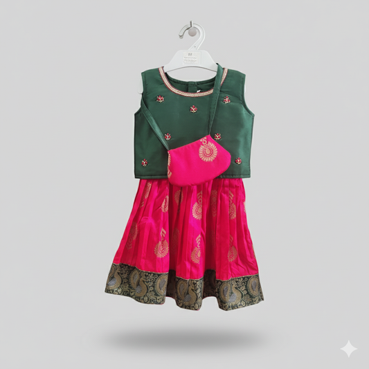 Traditional Green & Pink Silk Party Dress with Purse | NewBorn - 3 months