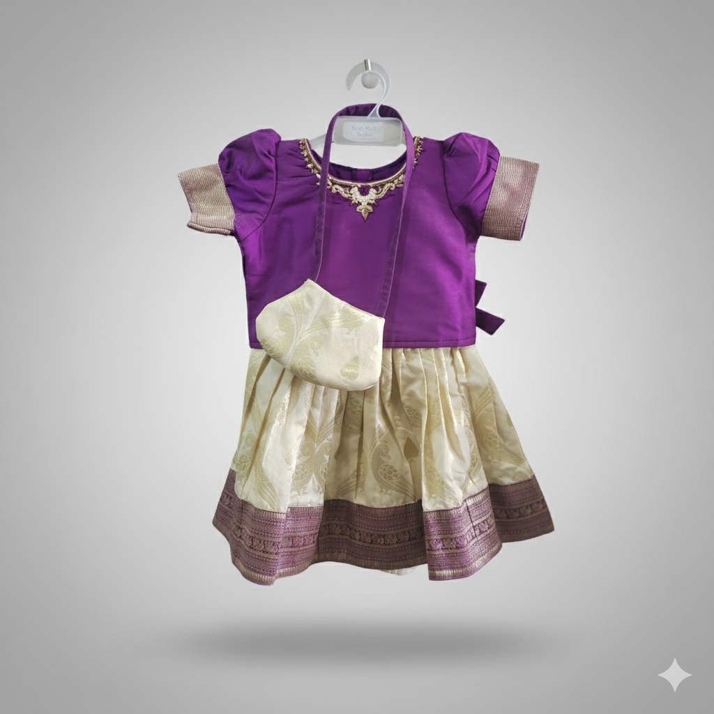 Elegant Purple and Cream Pattu Pavadai for Baby Girls | Newborn - 3 Months - 6Months
