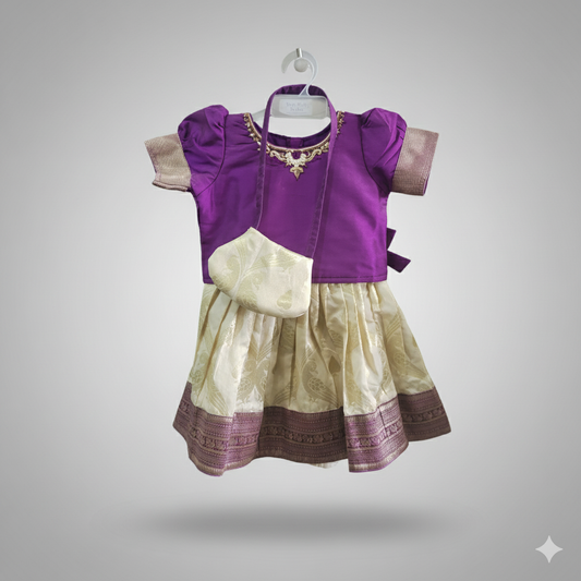 Elegant Purple and Cream Pattu Pavadai for Baby Girls | Newborn - 3 Months - 6Months