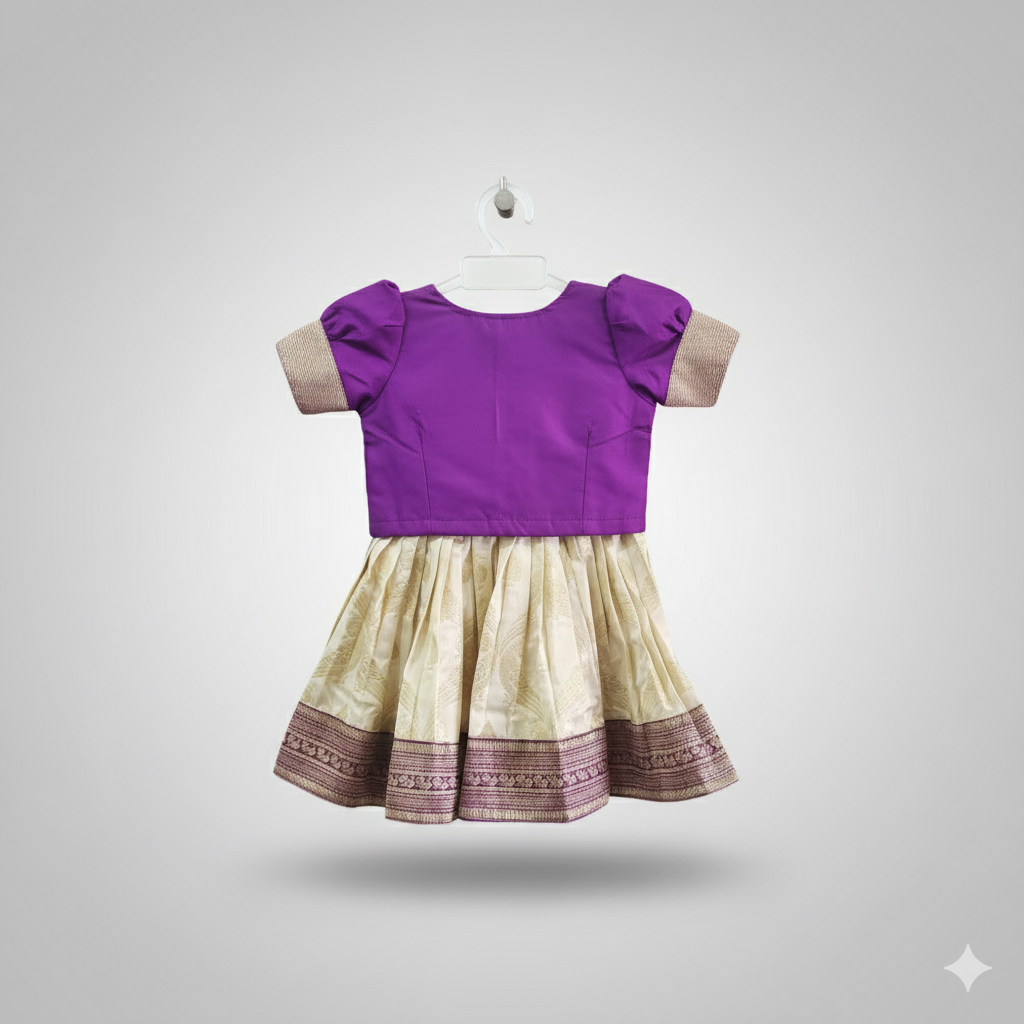 Elegant Purple and Cream Pattu Pavadai for Baby Girls | Newborn - 3 Months - 6Months