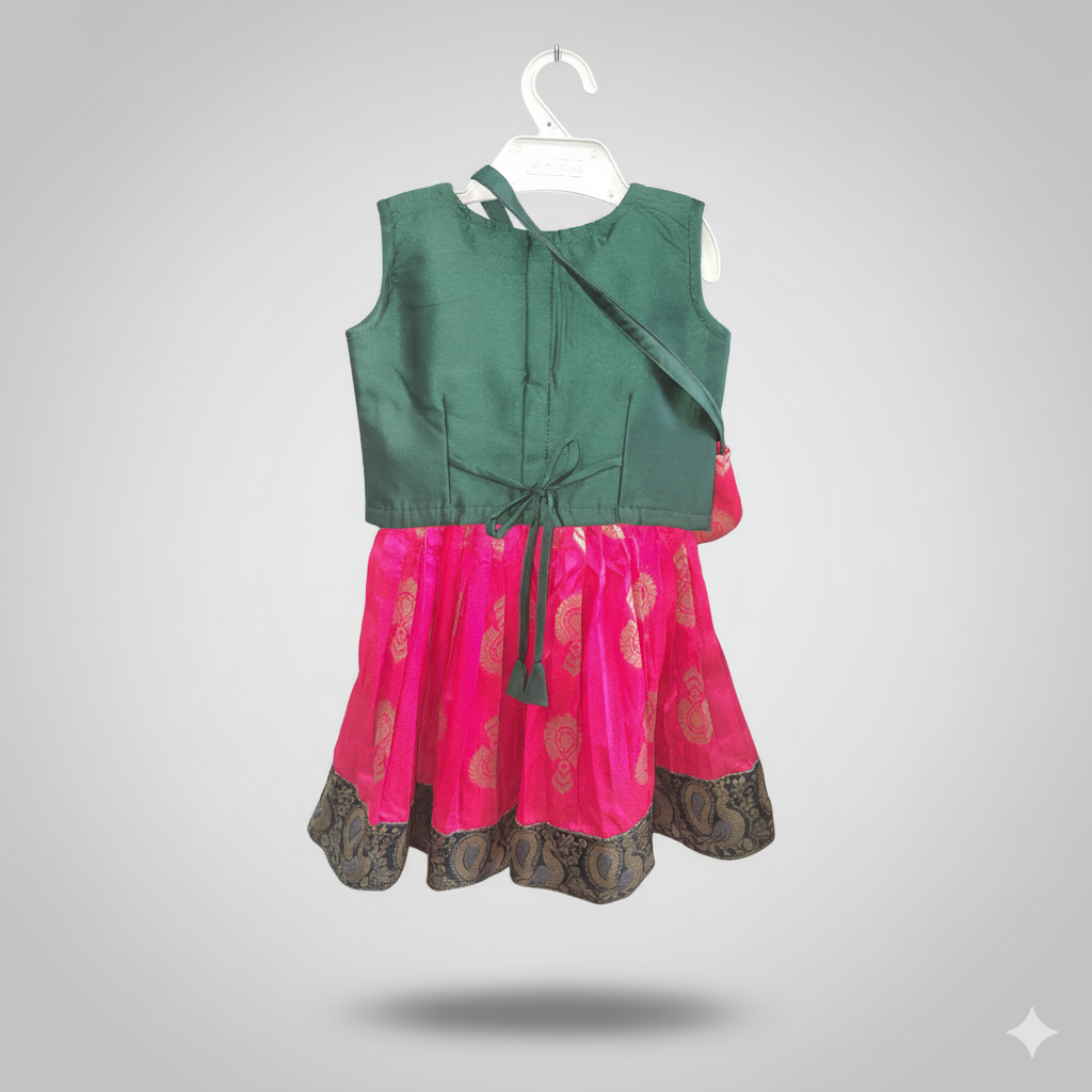 Traditional Green & Pink Silk Party Dress with Purse | NewBorn - 3 months