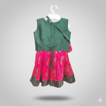 Traditional Green & Pink Silk Party Dress with Purse | NewBorn - 3 months