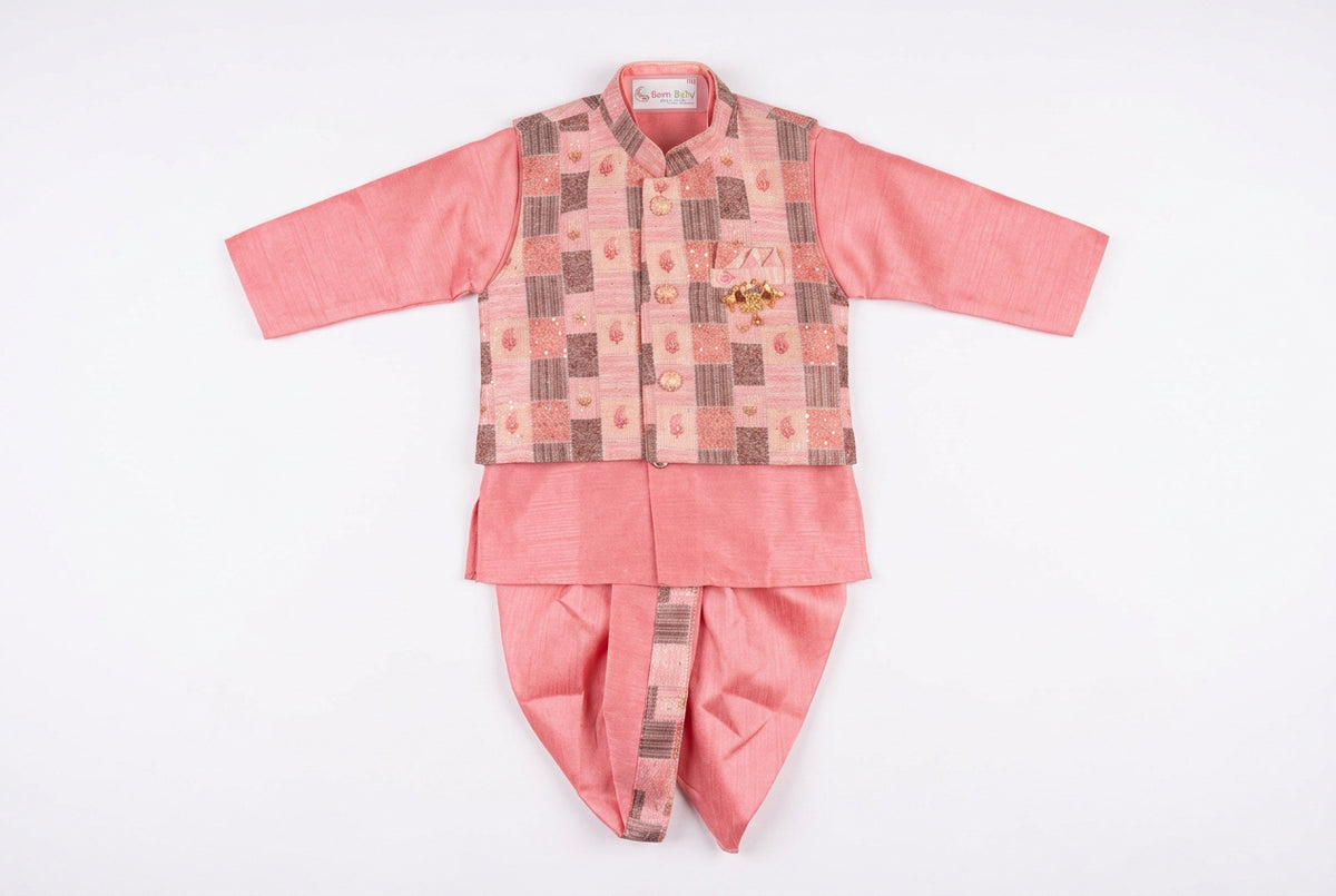 Pink Traditional Ethnic Wear for Boys – Stylish Kurta, Jacket & Dhoti Set