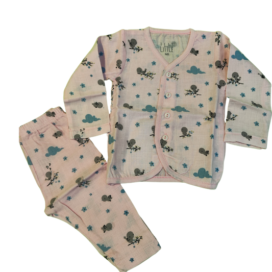 Muslin - Full sleeve vest & pant  pink bird