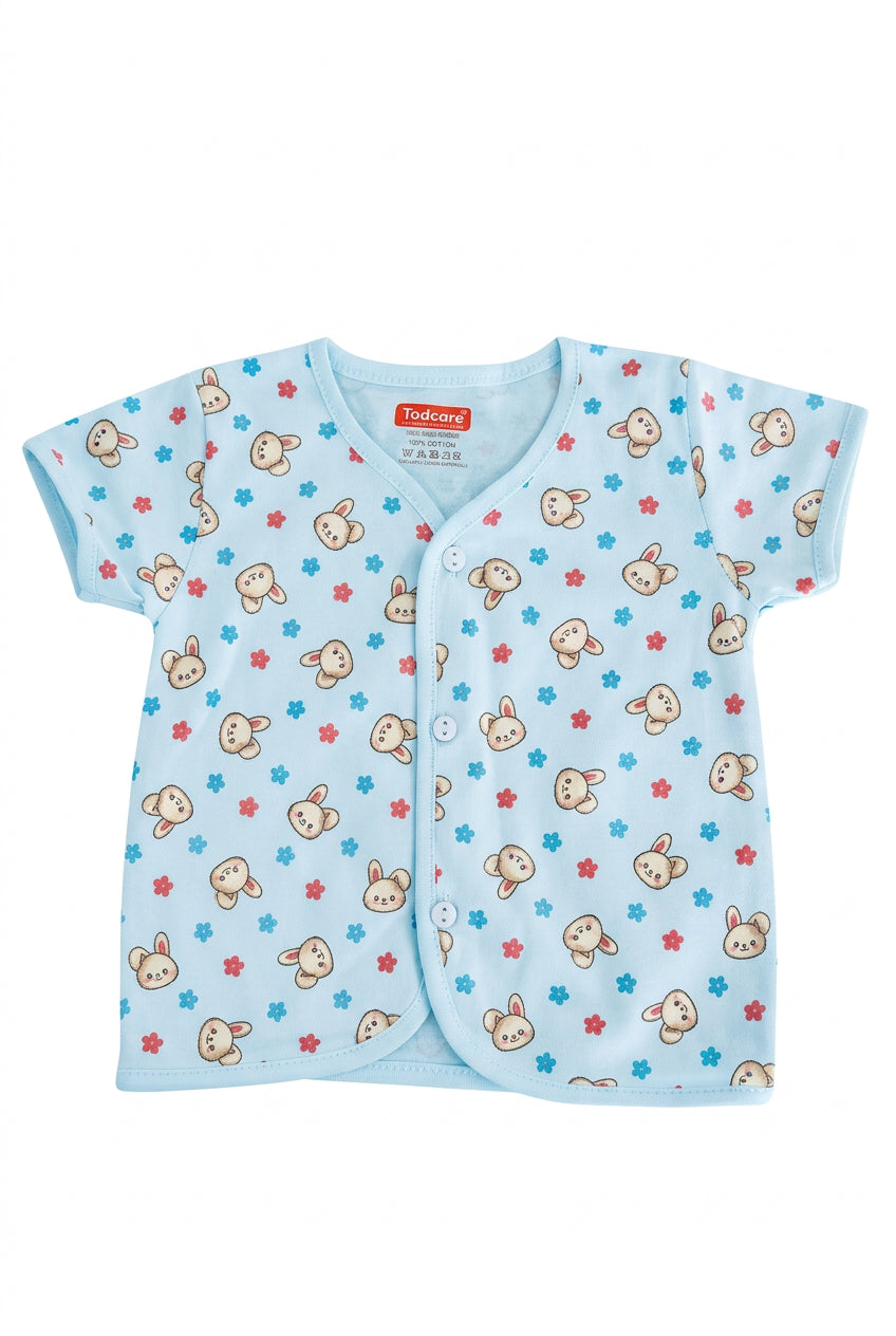 Jabla Baby Blue Cotton Front-Open Printed Baby Shirt – Bunny & Floral Design