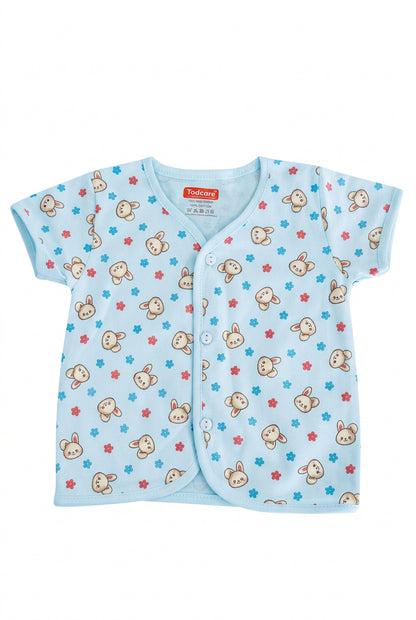 Jabla Baby Blue Cotton Front-Open Printed Baby Shirt – Bunny & Floral Design