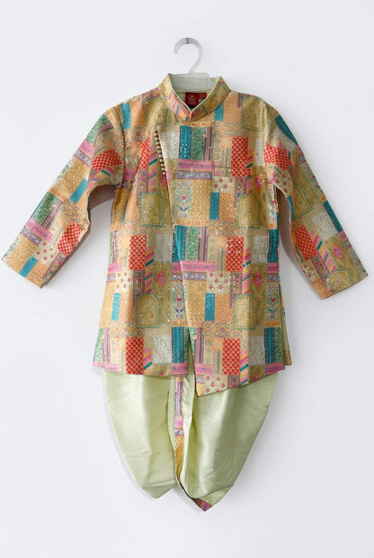 Boys’ Multicolor Printed Kurta with Cream Dhoti Set