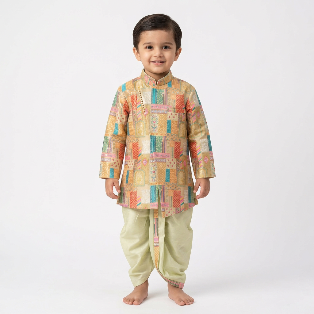 Boys’ Multicolor Printed Kurta with Cream Dhoti Set