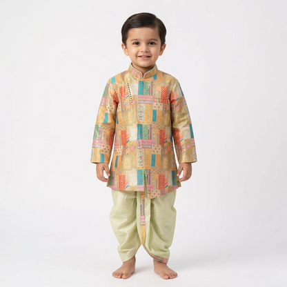 Boys’ Multicolor Printed Kurta with Cream Dhoti Set