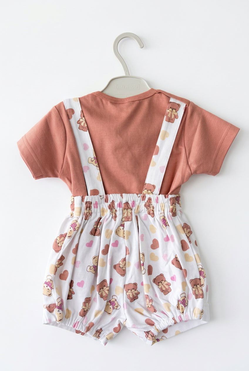 Cute Baby Brown T-Shirt & Teddy Bear Printed Suspender Shorts Set