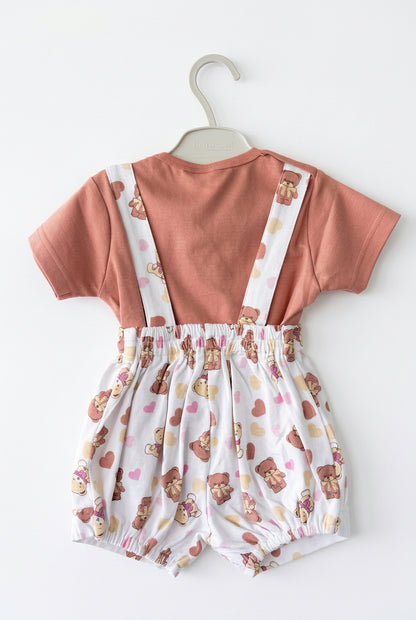 Cute Baby Brown T-Shirt & Teddy Bear Printed Suspender Shorts Set