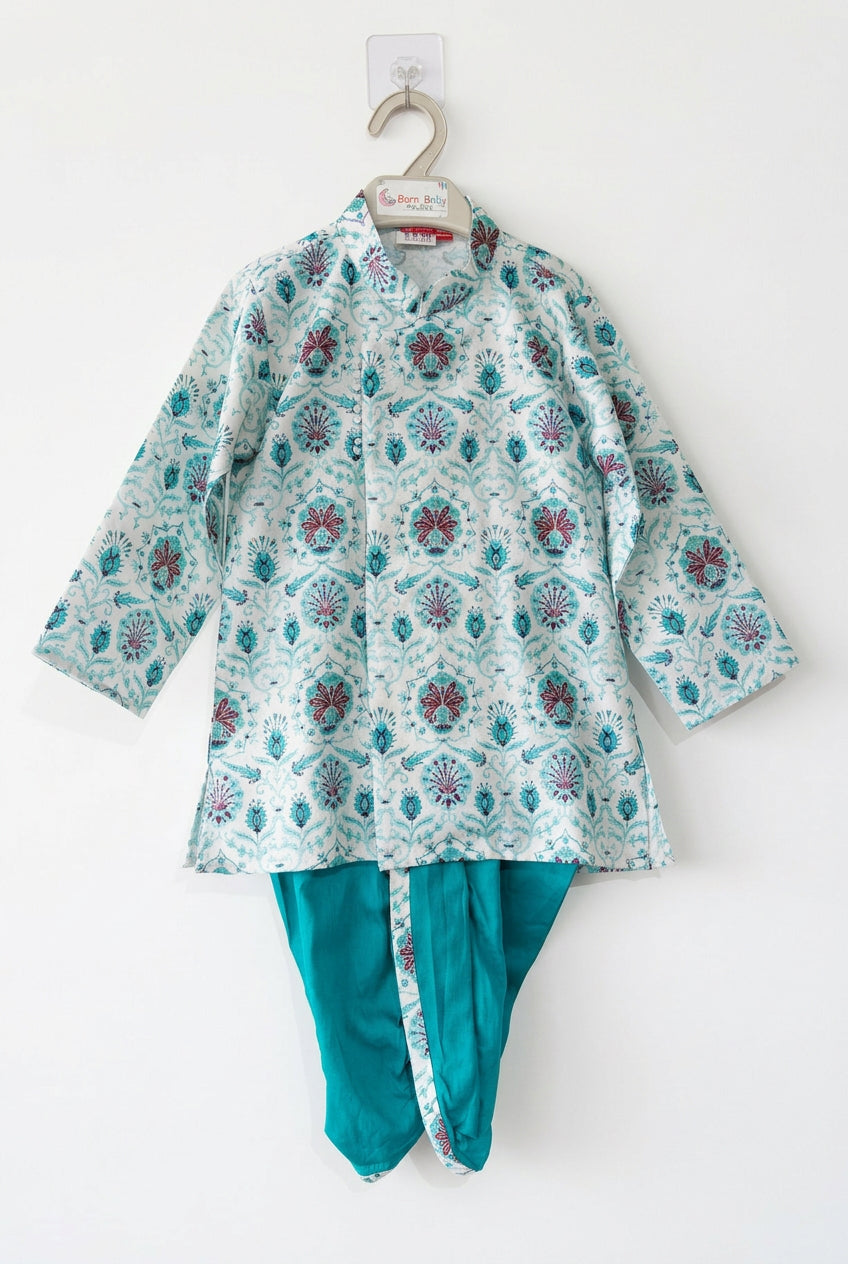 Boys’ Traditional Kurta Pajama Set in Aqua Floral Print