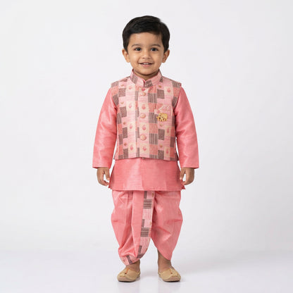 Pink Traditional Ethnic Wear for Boys – Stylish Kurta, Jacket & Dhoti Set