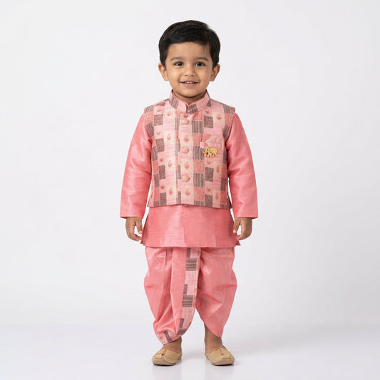 Pink Traditional Ethnic Wear for Boys – Stylish Kurta, Jacket & Dhoti Set