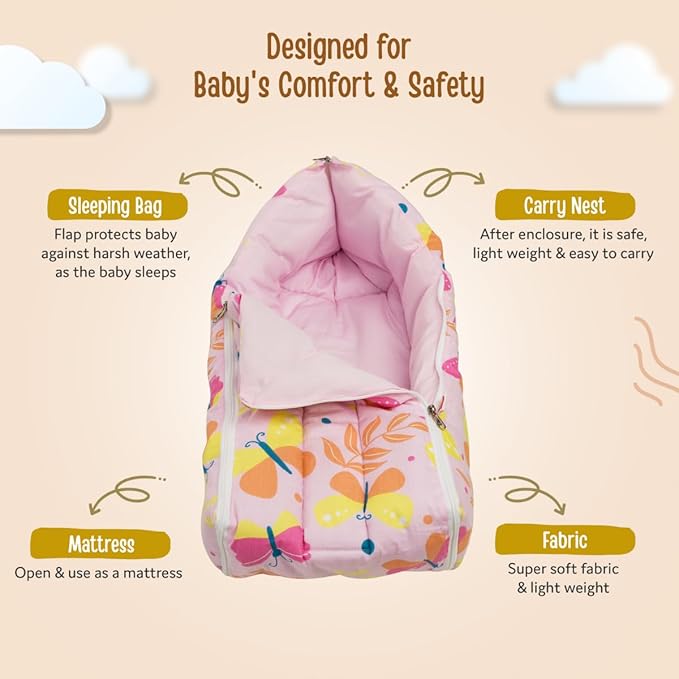 LuvLap 3 in 1 Baby Bed, Sleeping Bag & Carry Nest, Cotton Baby Bedding for New Born & Infant, Portable Bassinet, for Baby Carrying & co Sleeping, Unisex Baby Sleeping Bed, 0M+ (Pink Butterfly