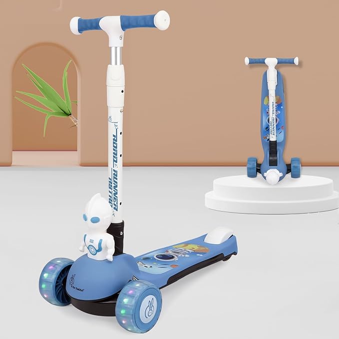 R for Rabbit Road Runner Astro Kids Scooter, Multi Level Adjustable Height, Smart Fold & PU LED Wheels Kick Scooter with Brake for 3+ Years Kids, Weight Capacity Upto 75kgs (block-Blue)