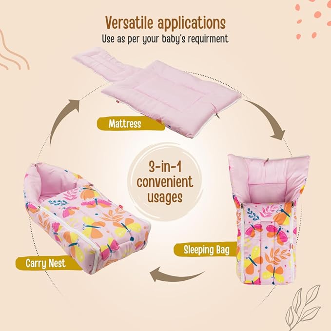 LuvLap 3 in 1 Baby Bed, Sleeping Bag & Carry Nest, Cotton Baby Bedding for New Born & Infant, Portable Bassinet, for Baby Carrying & co Sleeping, Unisex Baby Sleeping Bed, 0M+ (Pink Butterfly