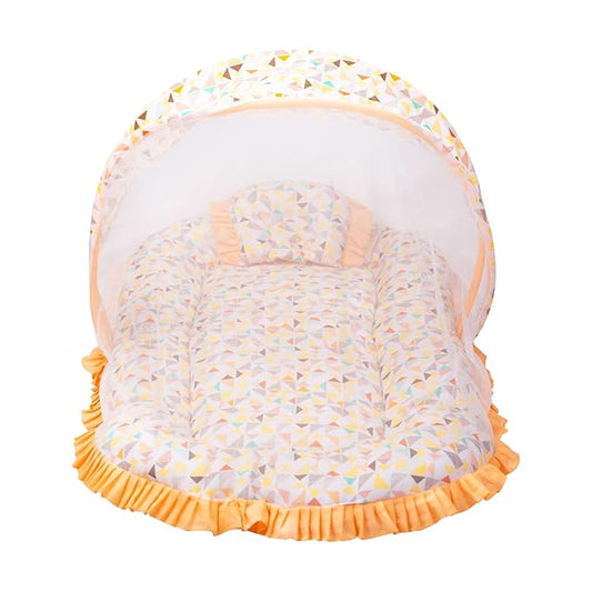 Mee Mee Soft Bed Mattress Set | with Mosquito Net, Neck Pillow & Zip Closure | 100% Cotton Newborn Baby Bedding | with Travel-Friendly Baby Bed | for 0+ Months (Orange)