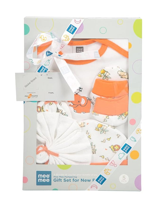 Mee Mee New Born Baby Gift Set | Soft Cotton Clothing Essentials for Infants/Baby Girls, Boys | (5 Pieces, Orange)| Ideal Gift for New Born Baby