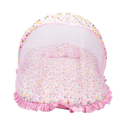 Mee Mee Soft Bed Mattress Set | with Mosquito Net, Neck Pillow & Zip Closure | 100% Cotton Newborn Baby Bedding |Travel-Friendly Baby Bed | for 0+ Months (Light Pink)
