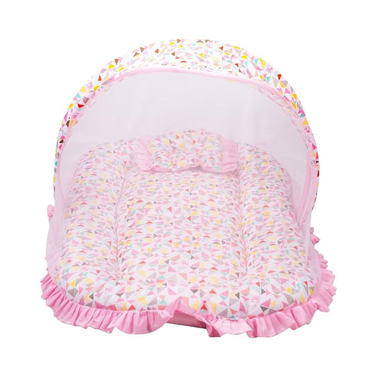 Mee Mee Soft Bed Mattress Set | with Mosquito Net, Neck Pillow & Zip Closure | 100% Cotton Newborn Baby Bedding |Travel-Friendly Baby Bed | for 0+ Months (Light Pink)