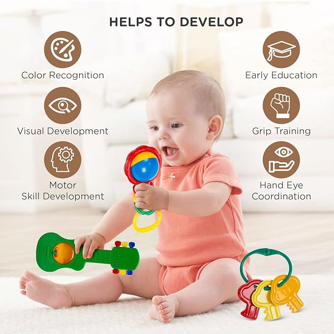 Mee Mee BPA Free Baby Rattles Set, Rattle Gift Set, Made of Food Grade Plastic, Grab Rattles and Soothing Teethers for Babies & Infants, Early Age Toys for Kids (Pack of 3, Multicolor