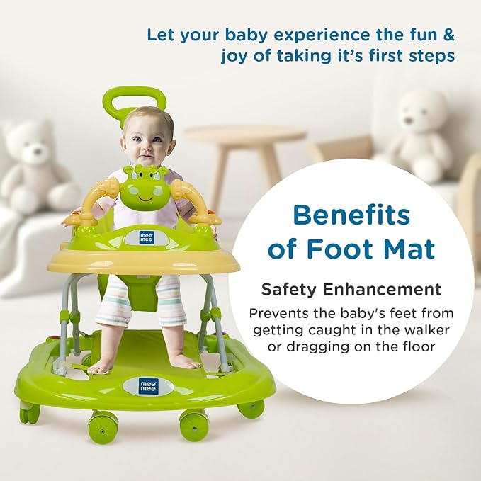 Mee Mee 360° Baby Activity Walker | 3 Level Adjustable Height, Foot Mat, Musical Detachable Toy Bar | Parental Push Handle, Anti-Rollover Folding Walker for Boys, Girls, Kids | 6-18 Months 15kg-Green