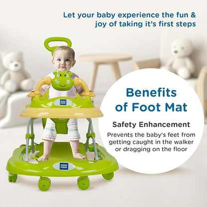 Mee Mee 360° Baby Activity Walker | 3 Level Adjustable Height, Foot Mat, Musical Detachable Toy Bar | Parental Push Handle, Anti-Rollover Folding Walker for Boys, Girls, Kids | 6-18 Months 15kg-Green