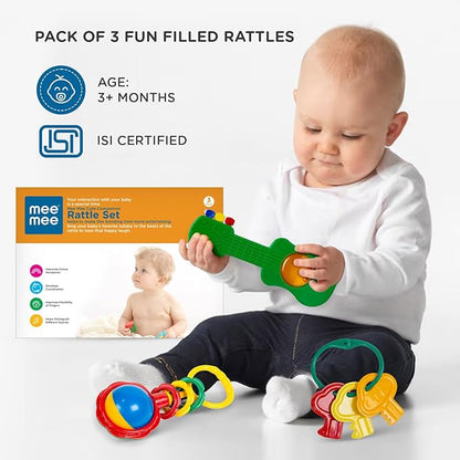 Mee Mee BPA Free Baby Rattles Set, Rattle Gift Set, Made of Food Grade Plastic, Grab Rattles and Soothing Teethers for Babies & Infants, Early Age Toys for Kids (Pack of 3, Multicolor