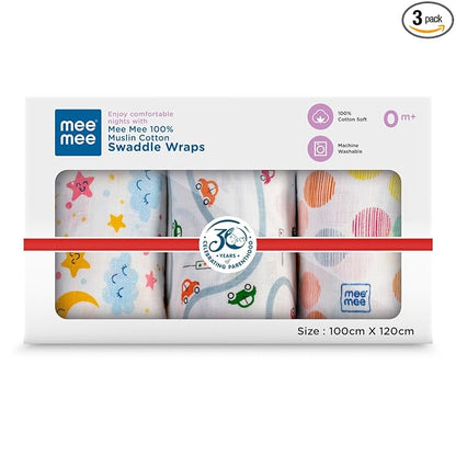 Mee Mee 100% Muslin Cotton Swaddle Wrappers for Newborns (3 Pcs) | Soft, Quick-Drying & Highly Absorbent Blanket | Baby Swaddle Cloth, Nursing Wrap & Newborn Essentials (Multicolour