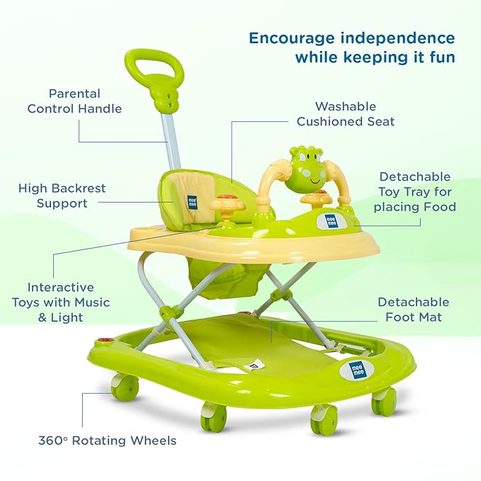 Mee Mee 360° Baby Activity Walker | 3 Level Adjustable Height, Foot Mat, Musical Detachable Toy Bar | Parental Push Handle, Anti-Rollover Folding Walker for Boys, Girls, Kids | 6-18 Months 15kg-Green