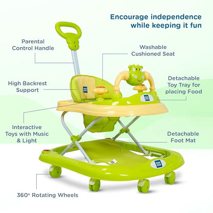 Mee Mee 360° Baby Activity Walker | 3 Level Adjustable Height, Foot Mat, Musical Detachable Toy Bar | Parental Push Handle, Anti-Rollover Folding Walker for Boys, Girls, Kids | 6-18 Months 15kg-Green