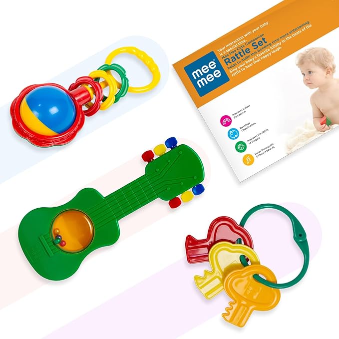 Mee Mee BPA Free Baby Rattles Set, Rattle Gift Set, Made of Food Grade Plastic, Grab Rattles and Soothing Teethers for Babies & Infants, Early Age Toys for Kids (Pack of 3, Multicolor