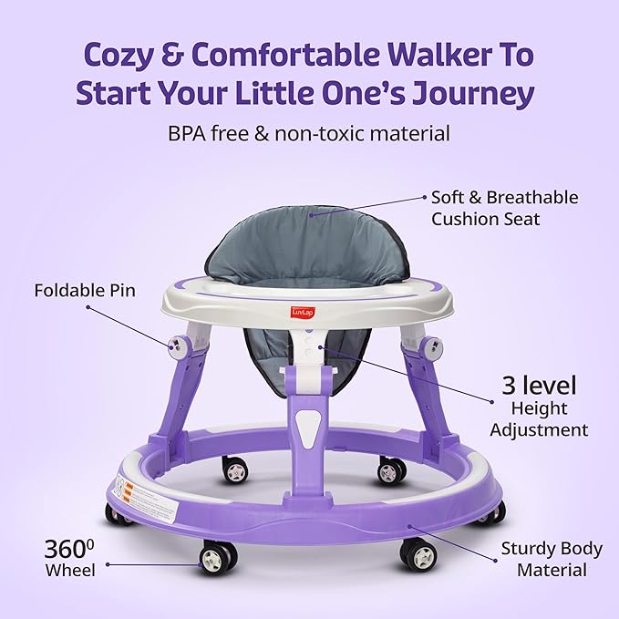 LuvLap Elegant 360° Baby Walkers for 6-18 Months | 3 Level Height Adjustment Walker/Advanced Baby Activity Walker for Kids, Walker for Boys & Girls, Purple