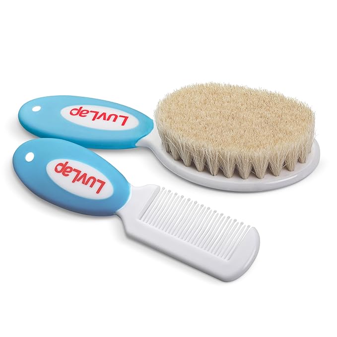 LuvLap Baby Comb with Rounded Tip & Baby Hair Brush with Natural Bristles for Baby Hair Grooming& Better Protection of Baby's Scalp (White & Blue)