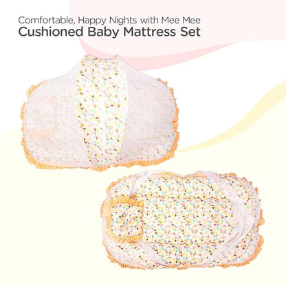 Mee Mee Soft Bed Mattress Set | with Mosquito Net, Neck Pillow & Zip Closure | 100% Cotton Newborn Baby Bedding | with Travel-Friendly Baby Bed | for 0+ Months (Orange)