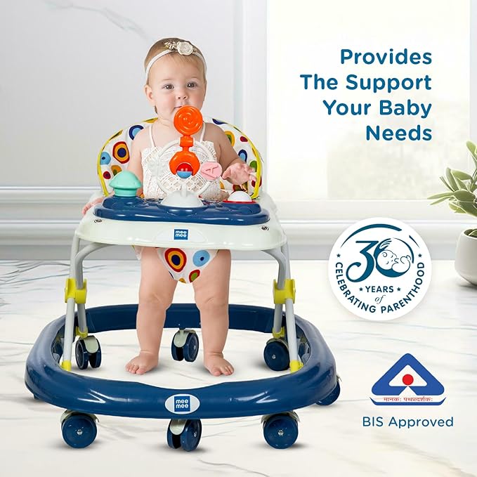 Mee Mee Baby Walker with 3-Level Adjustable Height | Musical & Detachable Food Tray | 360° Wheels, Soft Cushion Seat, BIS Certified | Baby Activity Walker for 6–18 Months, Up to 15Kg (Blue)