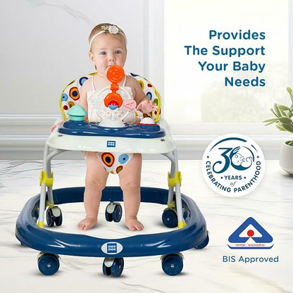 Mee Mee Baby Walker with 3-Level Adjustable Height | Musical & Detachable Food Tray | 360° Wheels, Soft Cushion Seat, BIS Certified | Baby Activity Walker for 6–18 Months, Up to 15Kg (Blue)