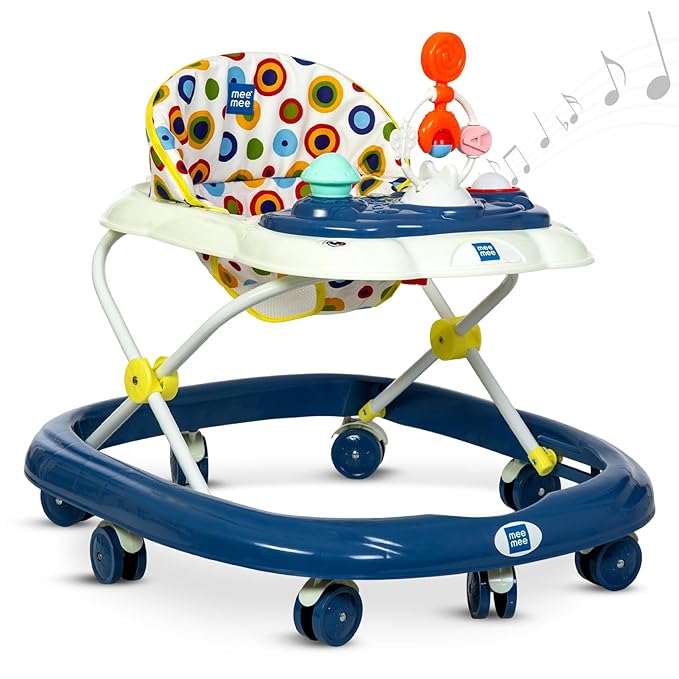Mee Mee Baby Walker with 3-Level Adjustable Height | Musical & Detachable Food Tray | 360° Wheels, Soft Cushion Seat, BIS Certified | Baby Activity Walker for 6–18 Months, Up to 15Kg (Blue)