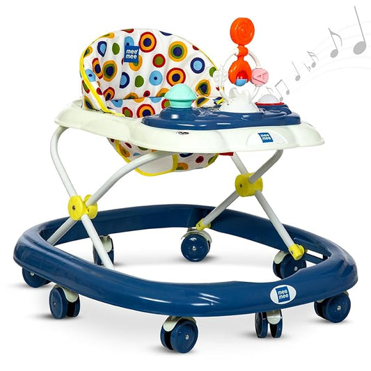 Mee Mee Baby Walker with 3-Level Adjustable Height | Musical & Detachable Food Tray | 360° Wheels, Soft Cushion Seat, BIS Certified | Baby Activity Walker for 6–18 Months, Up to 15Kg (Blue)