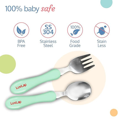 LuvLap Premium Stainless Steel Baby Spoon & Fork Set for Baby Feeding, Stainless Steel Spoonand Fork Set, Food Grade PP Spoon, BPA Free Feeding Spoon for Kids of 12+ Months