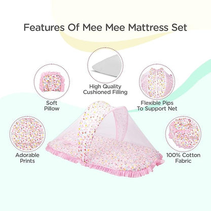 Mee Mee Soft Bed Mattress Set | with Mosquito Net, Neck Pillow & Zip Closure | 100% Cotton Newborn Baby Bedding |Travel-Friendly Baby Bed | for 0+ Months (Light Pink)