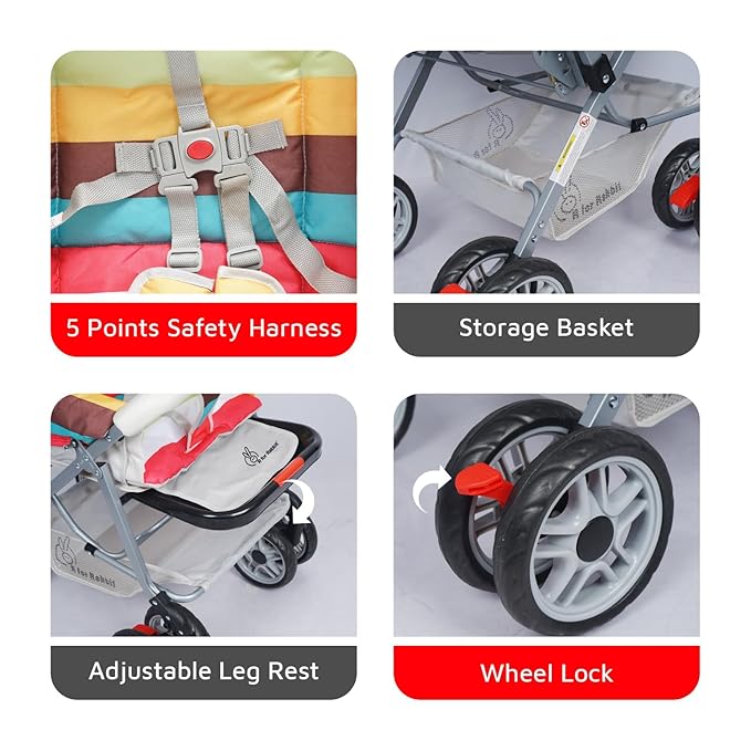 R for Rabbit Lollipop Lite Baby Stroller for 0 to 3 Years Pram with 5 Point Safety Harness, Reversible Handlebar & Cushioned Seat with 3 Level Seats Recline/Lightweight Stroller for Kids (Rainbow)