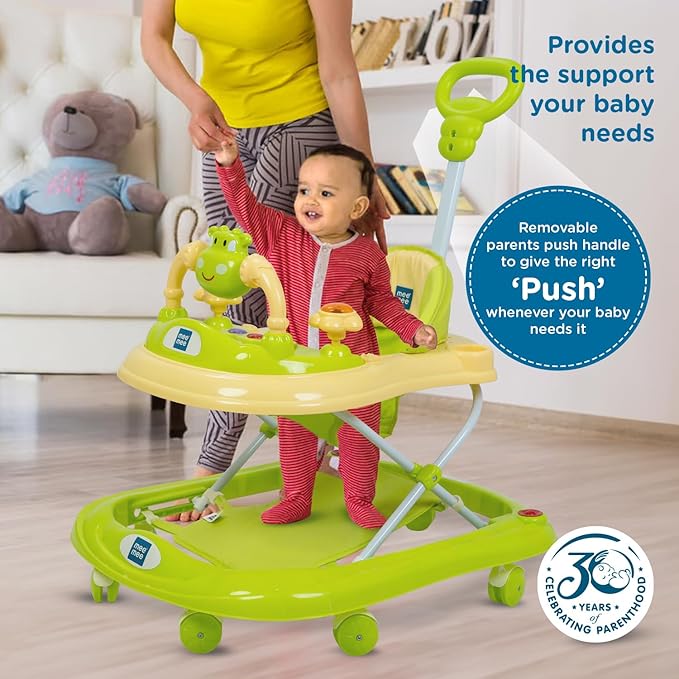 Mee Mee 360° Baby Activity Walker | 3 Level Adjustable Height, Foot Mat, Musical Detachable Toy Bar | Parental Push Handle, Anti-Rollover Folding Walker for Boys, Girls, Kids | 6-18 Months 15kg-Green