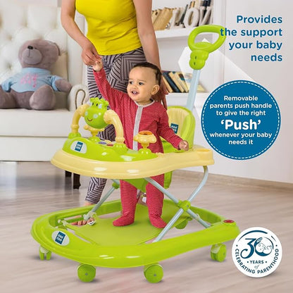 Mee Mee 360° Baby Activity Walker | 3 Level Adjustable Height, Foot Mat, Musical Detachable Toy Bar | Parental Push Handle, Anti-Rollover Folding Walker for Boys, Girls, Kids | 6-18 Months 15kg-Green