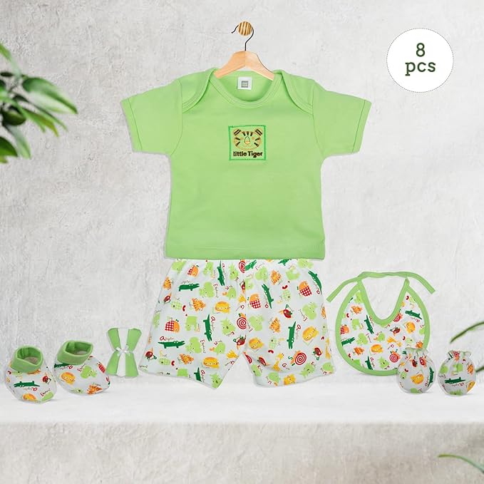 ee Mee Cotton Soft Pampering Gift Set Hamper for New Born, Baby Boy, Baby Girl (8 Pieces, Green)
