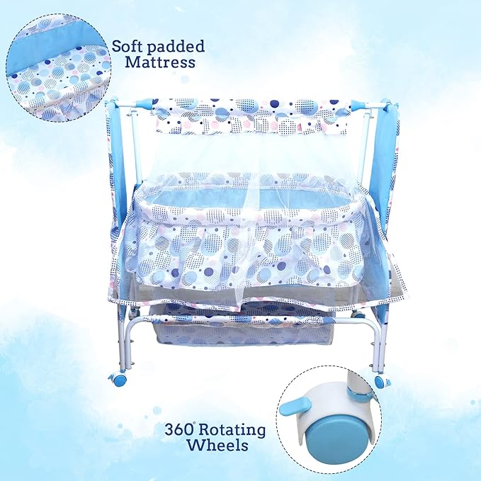 ee Mee New Born Baby Sleep Swing Cradle/Jhula/Palna/Bed/Baby Bedding with Mosquito Net and Cradle for 0-12 Months Baby Boys and Girls (Blue)