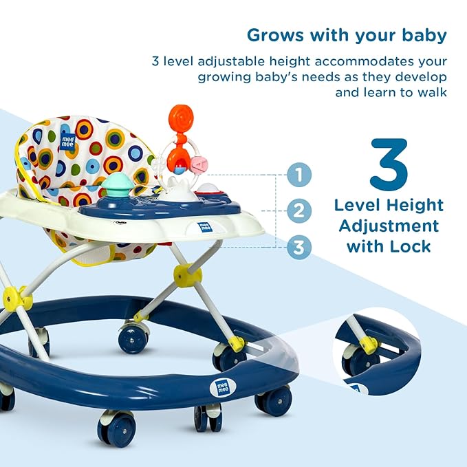 Mee Mee Baby Walker with 3-Level Adjustable Height | Musical & Detachable Food Tray | 360° Wheels, Soft Cushion Seat, BIS Certified | Baby Activity Walker for 6–18 Months, Up to 15Kg (Blue)