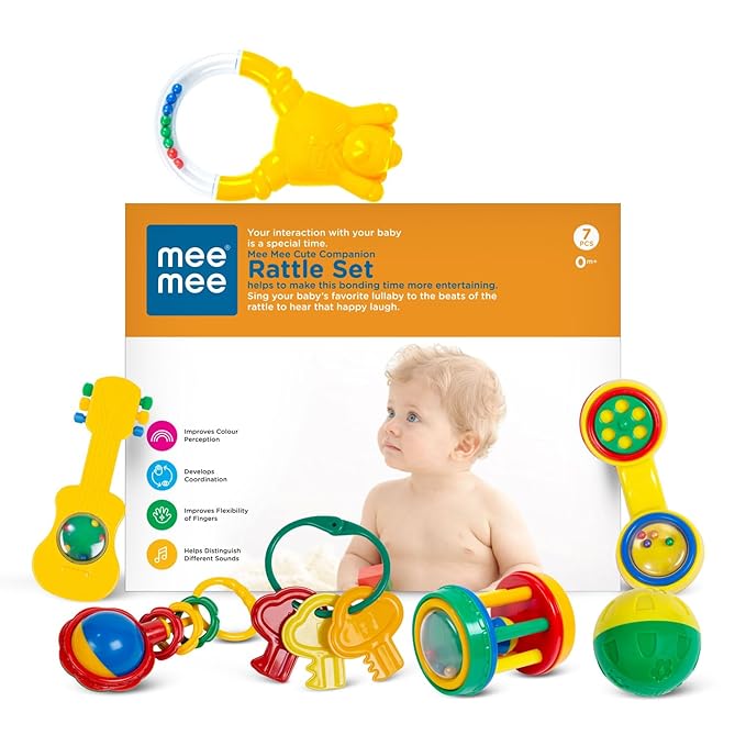Mee Mee BPA Free Baby Rattles Set, Rattle Gift Set, Made of Food Grade Plastic, Grab Rattles and Soothing Teethers for Babies & Infants, Early Age Toys for Kids (Pack of 7, Multicolor