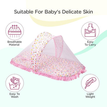 Mee Mee Soft Bed Mattress Set | with Mosquito Net, Neck Pillow & Zip Closure | 100% Cotton Newborn Baby Bedding |Travel-Friendly Baby Bed | for 0+ Months (Light Pink)